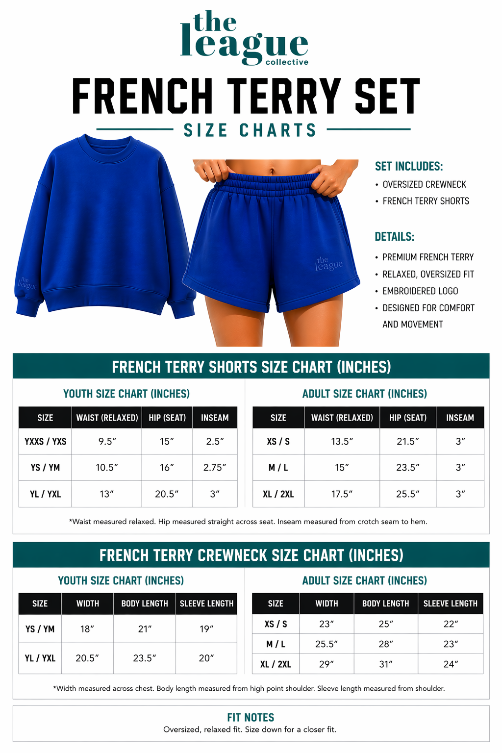 Size chart for French Terry set including shorts and crewneck sweatshirt from 'The League'.